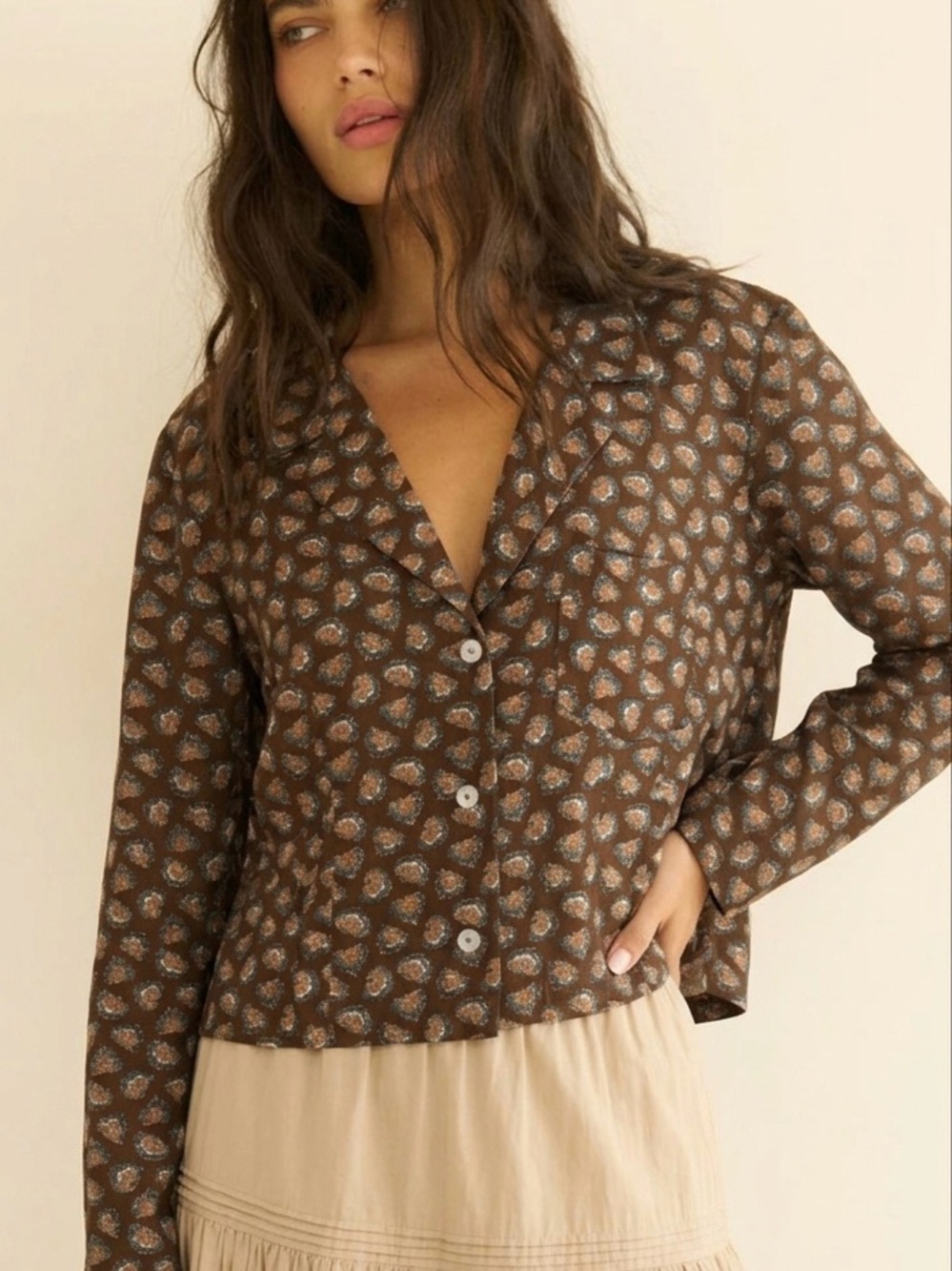 DOEN NWT 100% Silk Brown Bedford Floral Abena Button Shirt Size XXL Cottage Core